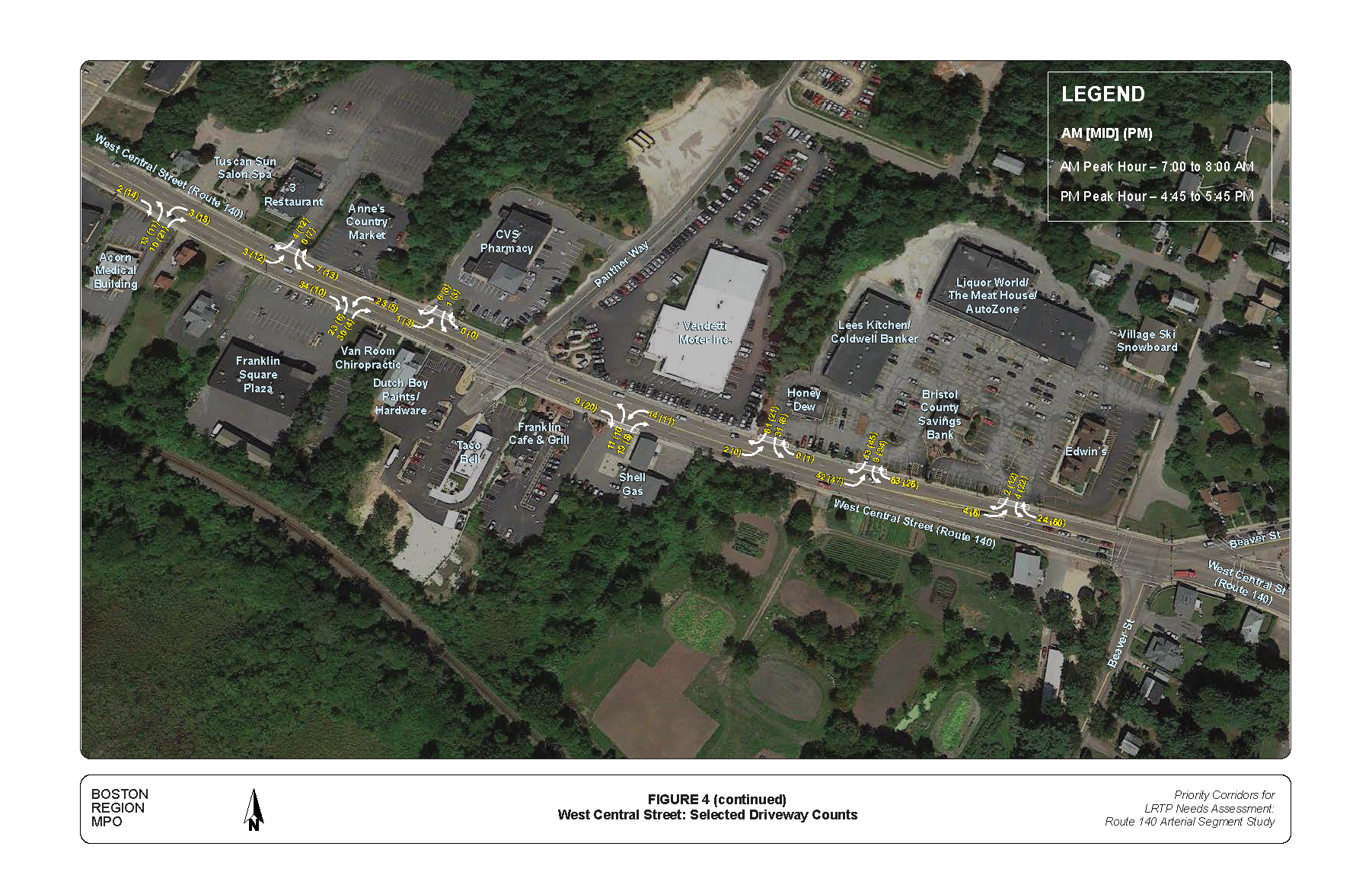FIGURE 4 (continued): West Central Street: Selected Driveway Counts. Aerial-view map that indicates existing peak-hour turning movement volumes for the driveways on West Central Street.